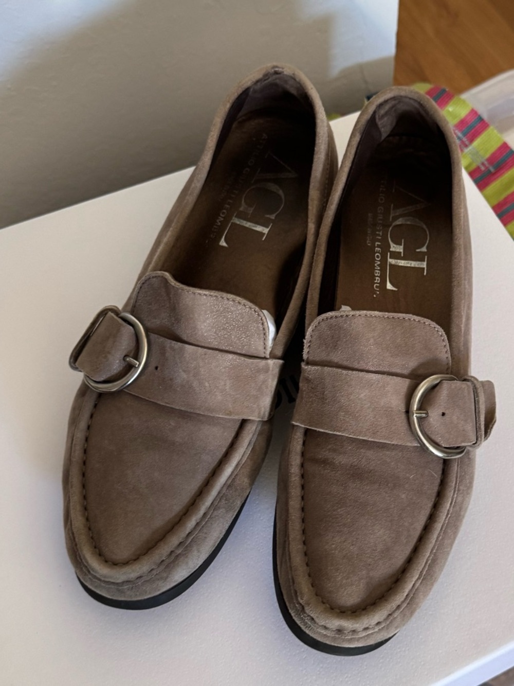 AGL Taupe Suede Buckle Loafers